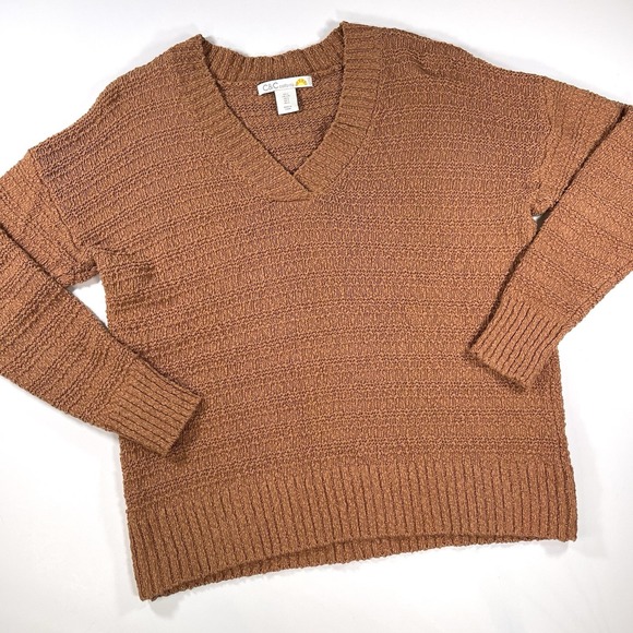 C&C California Sweaters - C & C California V‎ Neck Knit Sweater Pullover Brown L 100% Cotton